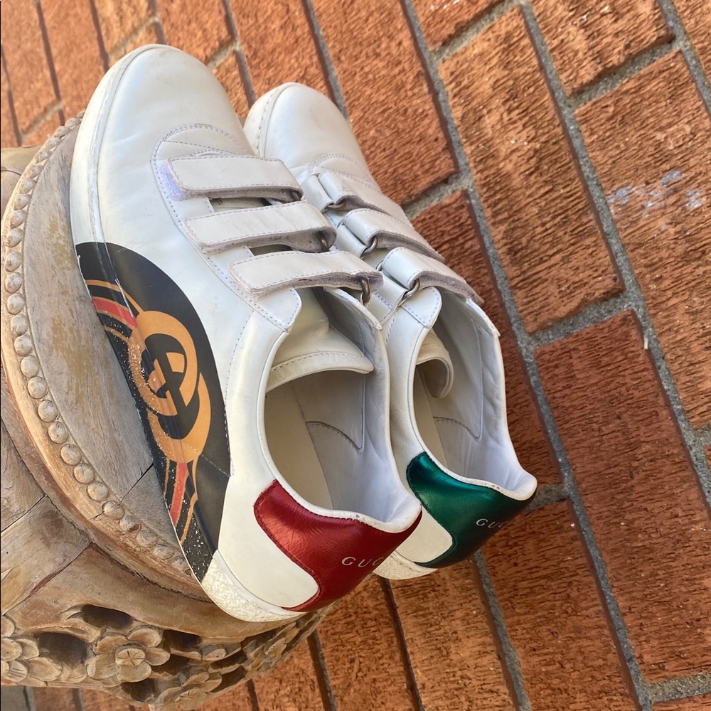 ❤️💚Authentic Gucci Ace Interlocking GG Leather 3 Strap Flat Sneakers Shoes🤍❤️💚